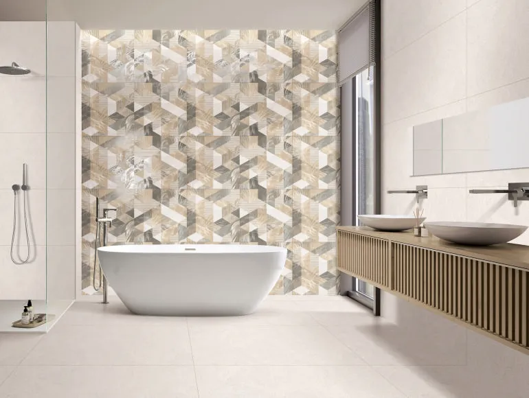 Geometric Line Art Tile in Beige Bathroom Design with Shower Area and Bathtub